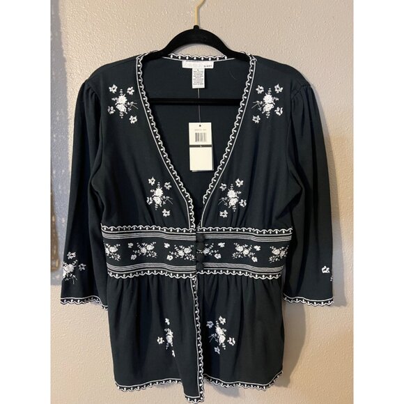 Essentials ABS Cardigan Top L Large Navy Blue White Embroidered New - Picture 2 of 7